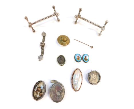 A group of costume jewellery and effects, comprising an oval painted brooch with shepherdess and sheep, white metal unmarked,