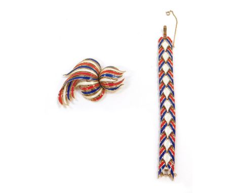 Two items of Trifari costume jewellery, each in red, blue and white enamel detailing, comprising a bracelet with safety chain