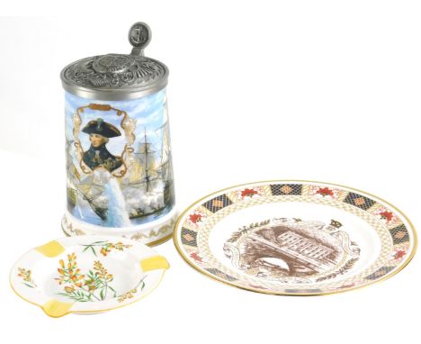 Various china, a Shelley floral ashtray, 14cm wide, Crown Derby Derby Border cabinet plate, and a Nelson's Victory at Trafalg