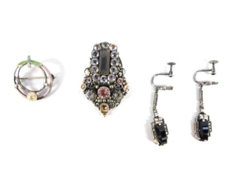 A group of jewellery, comprising a pair of silver onyx and marqausite set drop earrings, each in the 1950's style, 3cm high, 