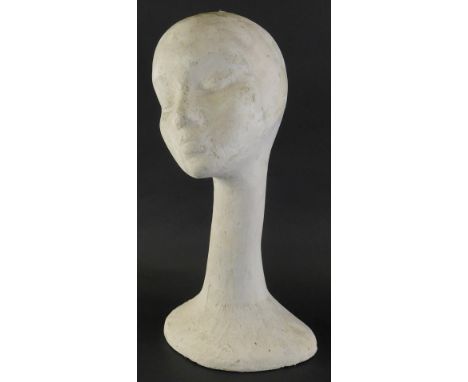 A Polystyrene mannequin head in white, 44cm high.