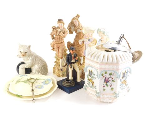 Various pottery and effects, a 20thC continental bisque figure of children playing musical instrument and holding fan, 28cm h