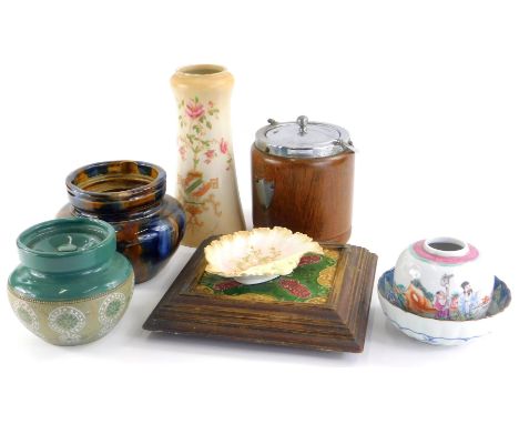 Various items, oak biscuit barrel with chrome plated mounts, 18cm high, mottled pottery, tobacco jar, and other with lid, Chi