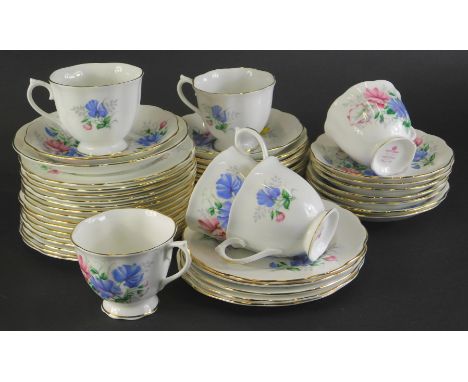 A Royal Albert Friendship Sweet Pea pattern part tea service, to include cups, 6cm high, saucers and side plates, printed mar