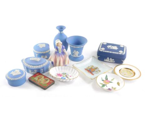 Various china and effects, a Royal Doulton figure Dinky Do HN1678, printed marks beneath, 11cm high, Wedgwood blue Jasper war