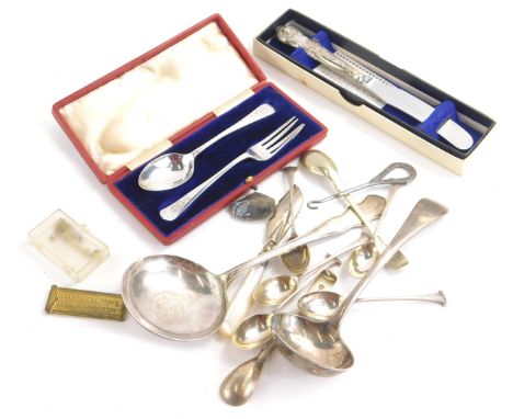 Various silver, silver plated ware, etc., cased christening set, ladle, 19cm long, various silver tea spoons, necklace, etc. 