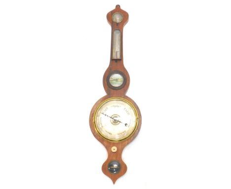 A 19thC rosewood wheel barometer, with engraved dial, later printed panel, thermometer, etc., 93cm high.