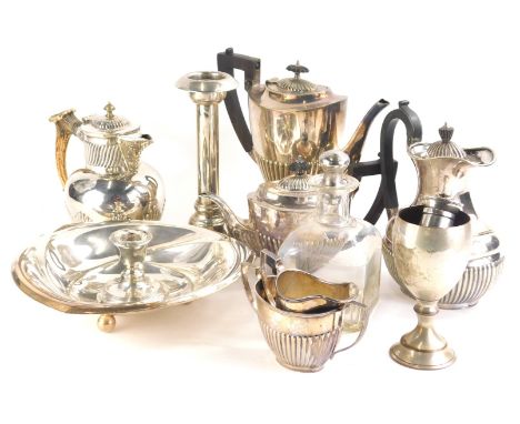 Various silver plated ware, an unusual 20thC part gadrooned jug with horn handle, 21cm high, candlestick goblets, part tea se