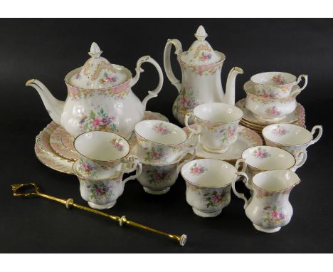A Royal Albert Serenity pattern part service, to include tea pot, coffee pot, milk jug, cups, 8cm high, saucers, etc., printe