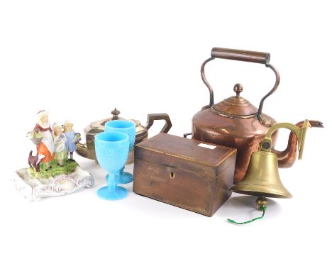 Various glass and metal ware, a 19thC tea caddy of rectangular form, copper kettle, 32cm high, Yardley advertising soap dish,