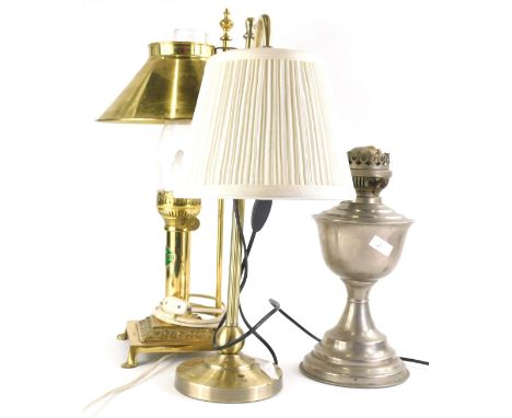 Various table lamps, a brass Orient Express type oil lamp with shaped shade, 46cm high, Anglepoise style lamp and another ear