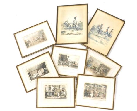After Rowlandson. Doctor Syntax. A Noble Hunting Party, book plate engraving, 13cm x 23cm, various others, Hussar, etc. (a qu