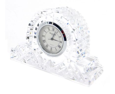 A Waterford crystal mantel clock, of small proportion, 7cm high, with paperwork.