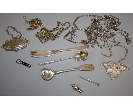 Eight white metal and gilt chains, two EP Spirit labels, a white metal whistle charm, silver propelling pencil, a Russian sil