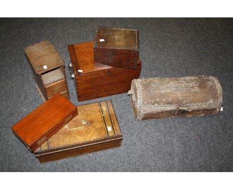 An Edwardian mahogany strong box with brass side handles, a small pony skin dome top trunk, a folding mahogany chess board, B