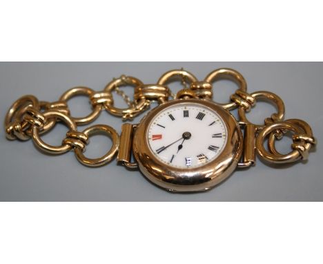   A 9ct yellow gold Lady’s dress Watch, the circular enamel dial with Roman numerals on a circular link bracelet, 31.6g 