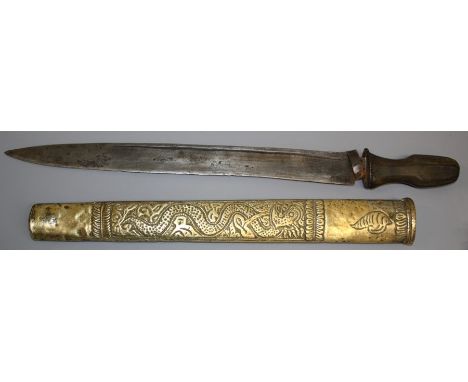 A 19th century Chinese short sword with shaped horn handle and fullered single edge steel, 35cm blade in dragon decorated bra