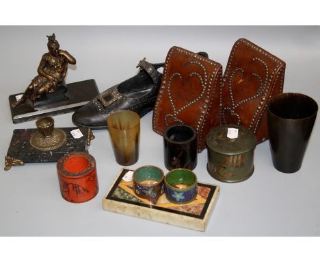 A specimen marble tablet, 16 x 8cm, a French marble and gilt metal candlestick, an Edwardian lady's shoe with marcasite bucle