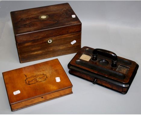 A 19th century rosewood jewellery box with Mother of Pearl escutcheon and cartouche, a Morocco hide writing slope, a cedar ci