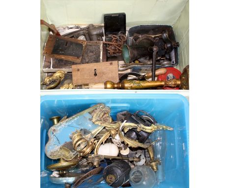 A mixed lot of metalwares including vintage locks, Spong mincer, marmalade cutter, paraffin lamps and components, iron keys a