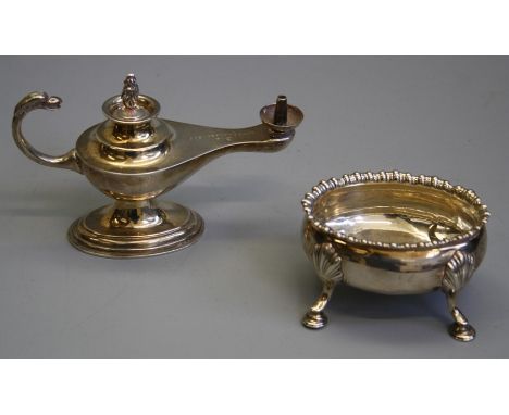 Asprey and Co, a silver Aladdins Lamp cigar lighter, Birmingham 1936, together with a George III silver salt (marks rubbed) 5