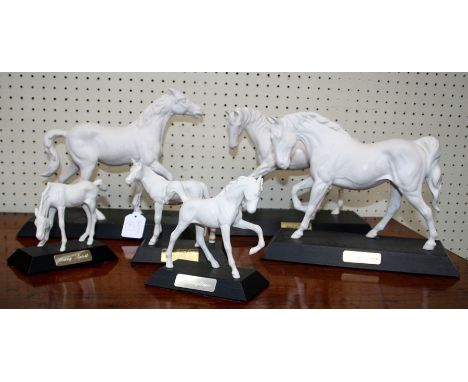 Three Beswick white matt glazed horses by Graham Tongue, Spirit of Fire, Freedom and Youth. Each on black wood plinth, togeth