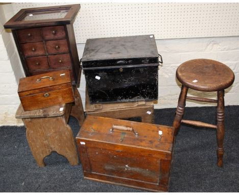 A mixed lot including a bank of oak spice drawers, two elm stools, white label scotch whisky crate, tin strong box and a 19th