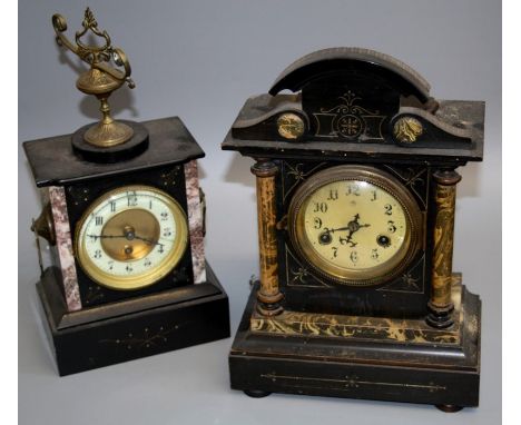 A 19th century black slate and veined marble mantle clock with urn finial and ivorine Arabic dial, 38 x 17cm, together with a