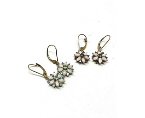 2 X 9ct Gold Opal &amp; Gemstone Cluster Drop Earrings Inc. Amethyst, Topaz (4.1g) 