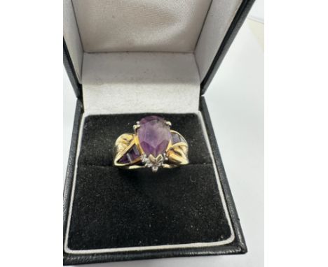 9ct Gold Vintage Amethyst &amp; Diamond Stylised Twist Dress Ring (4.3g) 