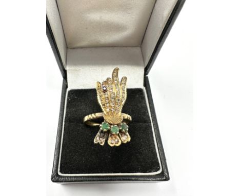 Fine large gold rose diamond emerald &amp; ruby pointing finger hand ring  hand measures approx 3.2cm by 1.3cm weight 4.5g 