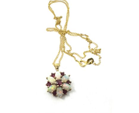 9ct Gold Garnet &amp; Opal Floral Cluster Pendant Necklace (2.7g) 