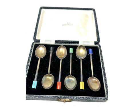 Boxed Art deco walker &amp; hall silver &amp; enamel tea spoons 