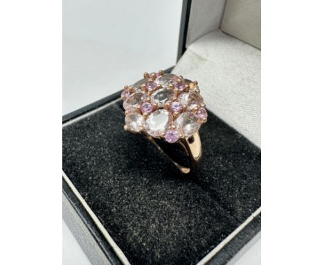 9ct Gold Pink Sapphire &amp; Morganite Cluster Statement Ring (2.9g) 