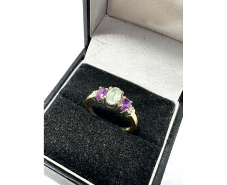 9ct Gold Topaz &amp; Amethyst Three Stone Ring With Diamond Accents (2.4g) 