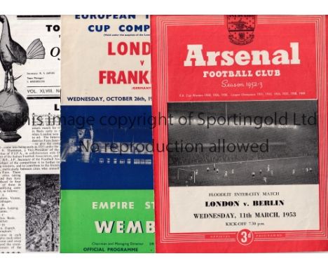 LONDON INTER-CITY FOOTBALL PROGRAMMES        Five programmes v Berlin 1953 at Arsenal, Frankfurt 1955 at Wembley slightly cre