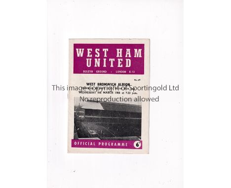1966 LEAGUE CUP FINAL     Programme for the First leg at West Ham United v West Bromwich Albion 9/3/1966.    Good