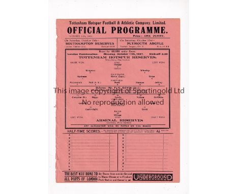 TOTTENHAM HOTSPUR V ARSENAL     Single sheet programme for the London Combination match at Tottenham 11/10/1937, ex-binder.  