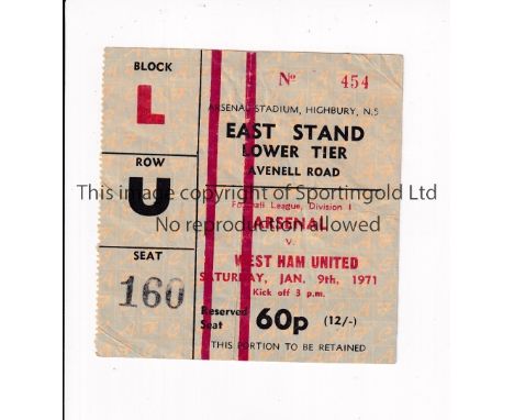 ARSENAL      Ticket for the home League match v West Ham United 9/1/1971 in their Double Season, slightly creased.     Genera