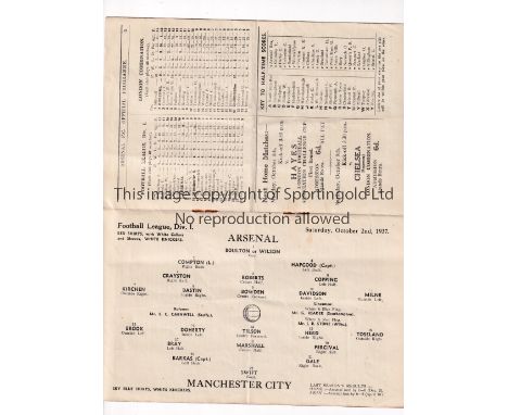 ARSENAL    Home programme for the League match v Manchester City 2/10/1937, slightly folded in four.    Generally good