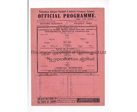 TOTTENHAM HOTSPUR V ARSENAL 1937     Single sheet programme for the London Challenge Cup match at Tottenham 25/10/1937, sligh