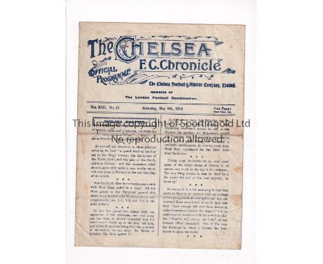 CHELSEA V WEST HAM UNITED 1918      Programme for the League match at Chelsea 4/5/1918. This was a first team competition and