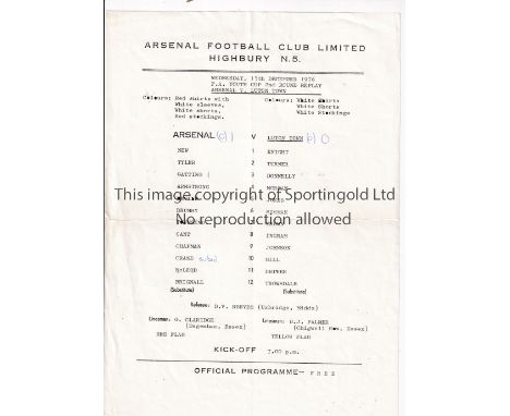 ARSENAL     Single sheet home programme for the Youth Cup tie v Luton Town 15/12/1976, horizontal crease and scores entered. 
