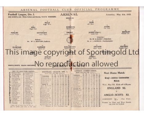 ARSENAL    Home programme for the League match v Derby County 4/5/1935, hat-trick of Championships issue. Very slight horizon