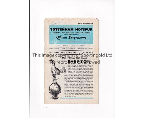 DAVE MACKAY AUTOGRAPH      Programme for Tottenham Hotspur v Everton 24/3/1962, creased and signed on the top left by Mackay 