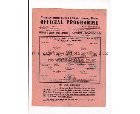 TOTTENHAM HOTSPUR V ARSENAL      Single sheet programme for the Football League South match at Tottenham 7/11/1942, folded in
