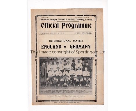 ENGLAND V GERMANY 1935 AT TOTTENHAM      Programme for the International at White Hart Lane 4/12/1935 with repairs.    Genera