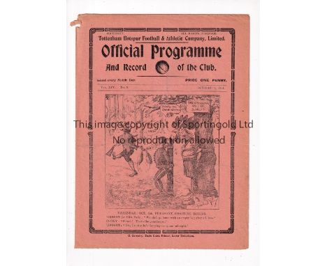 TOTTENHAM HOTSPUR V MANCHESTER UNITED 1921    Programme for the League match at Tottenham 8/10/1921, very slightly creased, a
