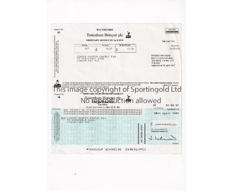 TOTTENHAM HOTSPUR     Two unbanked cheques with tax vouchers in 1997 and 1998 for shares issued to Hunter Davies plus an addi