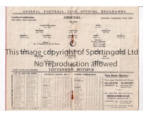 ARSENAL V TOTTENHAM HOTSPUR     Programme for the London Combination match at Arsenal 23/9/1933 writing on cover and creased.